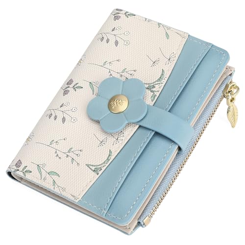 GAEKEAO Small Wallets for Women RFID Blocking Bifold Floral Vegan Leather Wallet Card Holder with ID Window & Zipper Pocket - color: C06-Blue