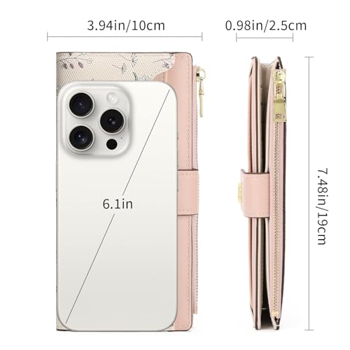 GAEKEAO Womens Wallet Slim Thin RFID Blocking Floral Vegan Leather Card Holder Bifold Long Ladies Wallet with Zipper Pocket - color: Pink