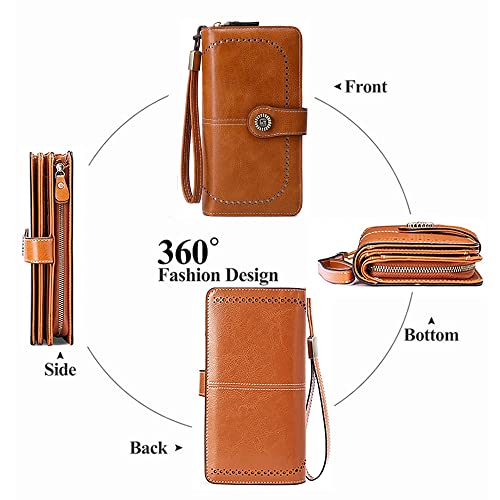Women Leather Wallet Crossbody Shoulder Bag with Double Zipper and Mobile Phone Purse with Shoulder Strap - color: 660-brown