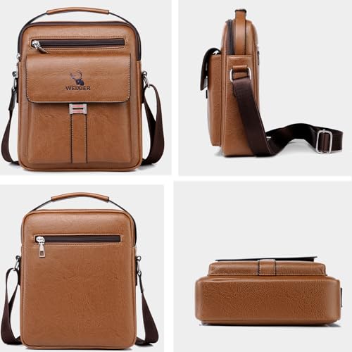 Messenger Bag for Men Crossbody Shoulder Purse Small Vintage PU Leather Satchel Pouch Side Crossover Handbag - color: Men Handbag for Brown