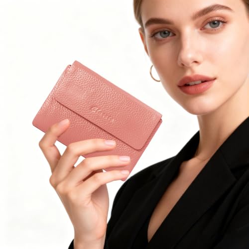 Women's Bifold Wallet, Genuine Leather, Magnetic, ID Window | Holds 10+ Cards, 2 Zip Coin Pockets, Pebbled Cowhide, Snap Closure, Large Capacity, Multiple Colors, Compact 5.5x3.9in - color: B-Rubber Red