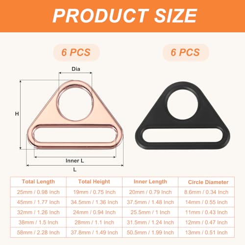 PATIKIL Triangle Buckle Adjuster, Triangle D Ring Metal Buckles with Bar Swivel Clip for Bag Straps Webbing Dog Tag Clip - color: Rose Gold/Matte Black, size: 1 Inch