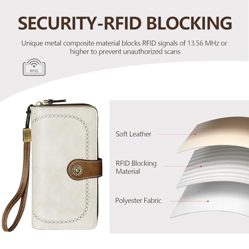 TFKGS Wallet for Women RFID Blocking Leather Large Capacity Card Holder Ladies Phone Clutch Travel Long Purse Wristlet | RFID Blocking - color: 1-Beige＆Brown