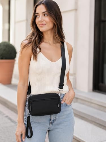 Nylon Wristlet Wallets for Women, Zip Crossbody Phone Purse with Card Slots | Two detachable straps, 8 card slots, clear ID window, dual compartments, and room for a 6.9-inch phone - color: Black
