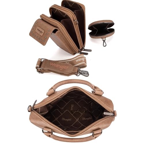 Wrangler 3Pcs Doctor Bag Sets for Women Top-handle Satchel Bag with Cell Phone Handbag and Coin Purse - color: Eye-catching Khaki