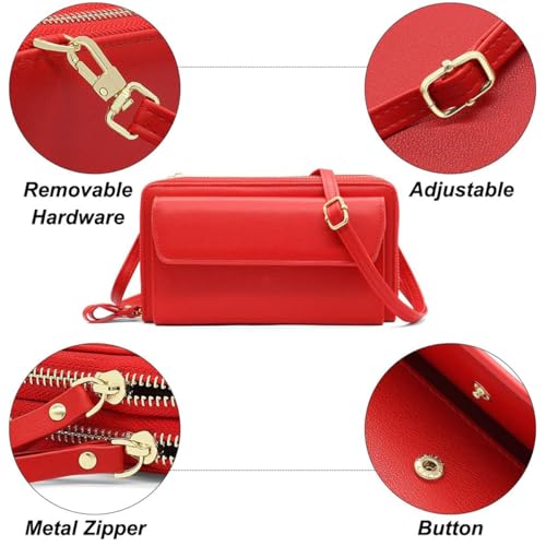 Women Leather Wallet Crossbody Shoulder Bag with Double Zipper and Mobile Phone Purse with Shoulder Strap - color: 109-red