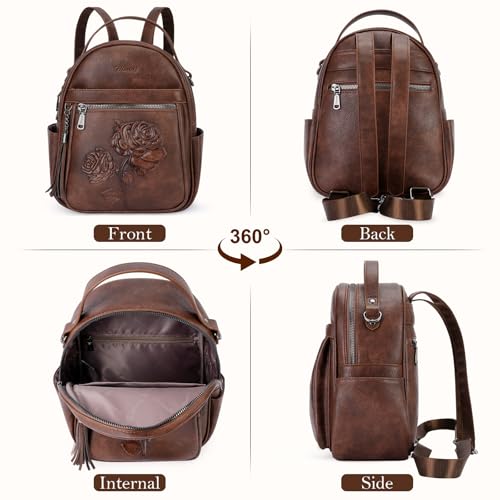 Mini Backpack Purse for Women,Vegan Leather Small Backpack for Daily | Embossed Lightweight Water-Resistance Travel Mini Fashion Daypack Bag,Ladies Casual Backpack Purse Gift Choice for Women - color: Coffee-flower