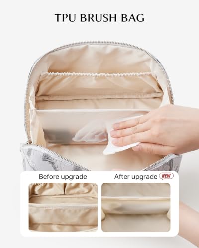 EACHY Makeup Bag, Waterproof PU Leather Travel Toiletry Bag for Women, 180° Wide-Open Flat Cosmetic Bag, Large Capacity Makeup Pouch with Divider and Handle - color: CI-Gray Large Floral, size: Medium