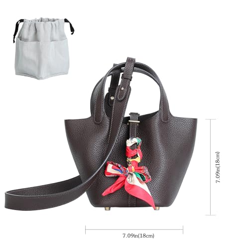 Genuine Leather Bucket Bag with Shoulder Strap, Organizer Insert & Silk Scarf for Women Handbag Tote Bag - color: Saddle Red-gold