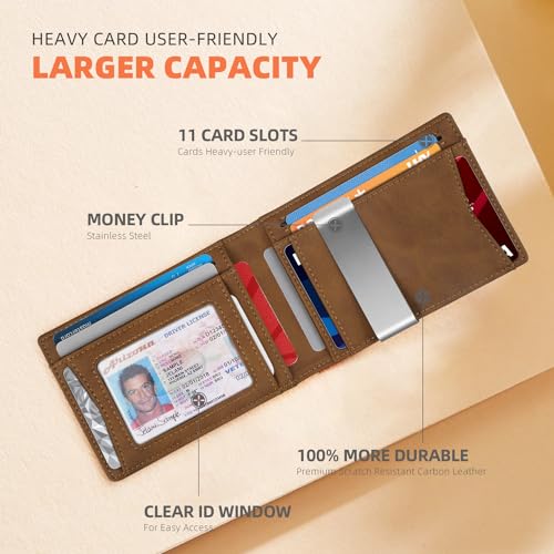 RUNBOX Slim Wallet for Men - RFID Blocking Leather Bifold with Money Clip | Minimalist Front Pocket Wallet Holds 11 Cards,Slim Thin Design,RFID Blocking Protection, Practical Birthday Gifts for Men - color: Bicolor Crazy Horse Brown