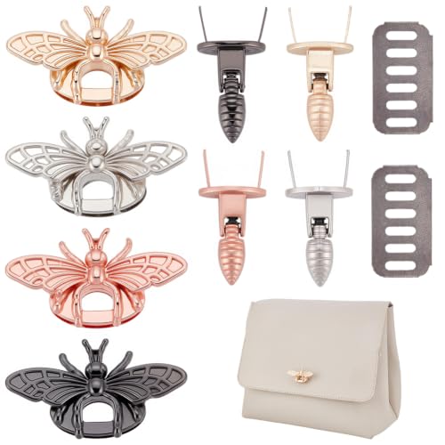 1 Box 4Pcs Bag Turn Buckle Bee Clasp Turn Lock 4 Colors Honeybee Shape Decorative Lock Clutch Closure Metal Latch Hardware Accessory for DIY Handbag Purse Shoulder Bag Making Supplies