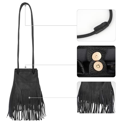 Women Mini Tassel PU Leather Crossbody Shoulder Bag Drawstring Bucket Bag | Small Fringe Cross body Bag Cell Phone Coin Purse Wallet - color: Black