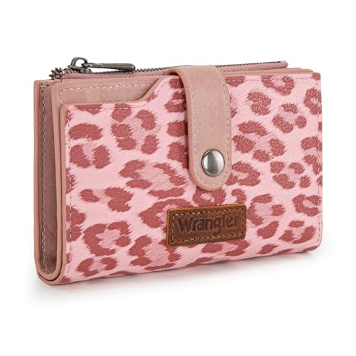 Wrangler Wallet for Women Bifold Card Holder with Zipper and ID Window - color: Leopard Print-Pink