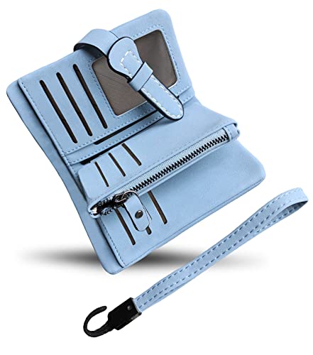 AOXONEL Women's Small Bifold Leather wallet Rfid blocking Ladies Wristlet with Card holder id window Coin Purse - color: Light Blue3