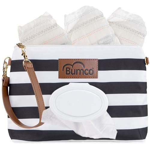 Bumco Portable Diaper Clutch Bag with Built-In Baby Wipes Dispenser | Airtight refillable wet container pouch. Portable travel wristlet strap holder for quick cleanups on the go. - color: Black