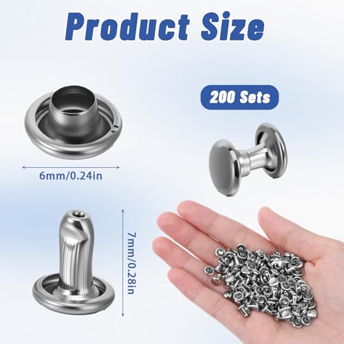 200Sets 6mm Round Cap Leather Rivets, Round Cap Tubular Metal Studs, Double Leather Crafting Rivets for Purse Keyrings Pet Collar Bag Repair and Decoration, Silver