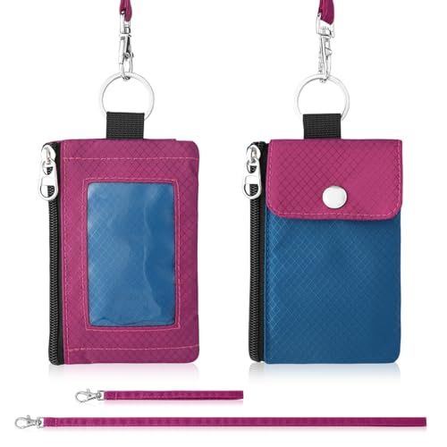 Artpaxy Minimalist Wallet For Mens Womens, Keychain RFID Blocking Zipper Small Wallet with ID Window 2 Lanyards,Water Resistant Travel Cash Card Coin Case Boys Girls - color: Dark blue+Dark pink