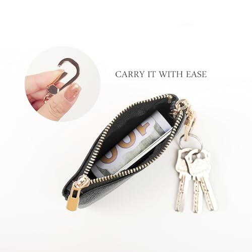 Full Grain Leather Coin Purse With Key Chain - Small Change Purse Card Holder Keychain Pouch Wallet for Women and Men (Black) - color: Black, Regular Size