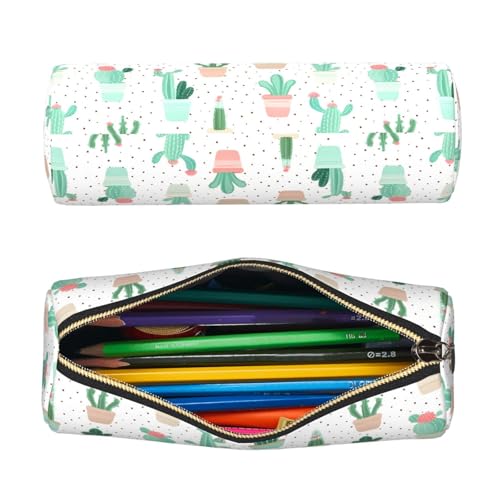 OSAM SPACE Leather Pencil Case Round Pencil Bag Plant Cactus Simple Pen Organizer Holder Portable Zipper Pouch Cute School Supplies for Girls Boys Study Office - color: Plant Cactus Simple