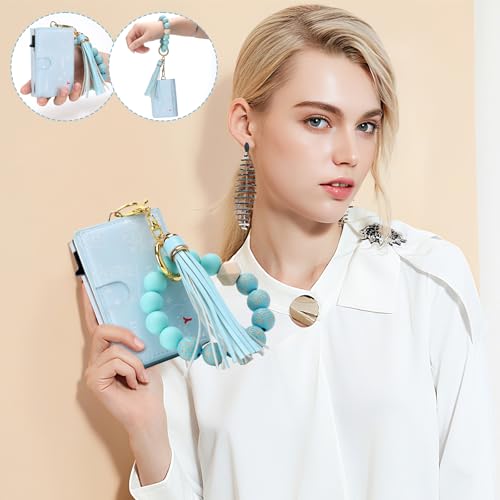 Wallet Women RFID Blocking Credit Card Holder Business Card Case Trifold Slim Wallet Wristlet with Key Chain PU Leather Holds 12 Cards Compact Small Coin Purse - color: Blue