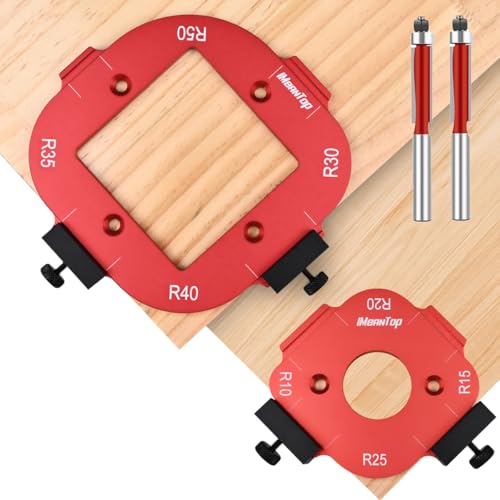 Router Corner Radius Template with 2 Trim Bit Aluminum Alloy Radius Jig Router Templates for Woodworking Router Corner Jig R10/R15/R20/R25/R30/R35/R40/R50 Use with Router Table - color: Red & 2 Trim Bit