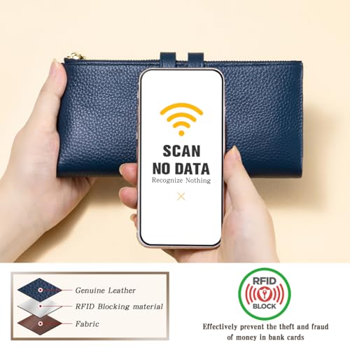 Large Capacity Wallets for Women Soft Leather RFID Blocking Long Wallet Ladies Bifold Clutch Purse Credit Card Holder with Double Zipper Pocket ID Window,Navy Blue - color: NavyBlue