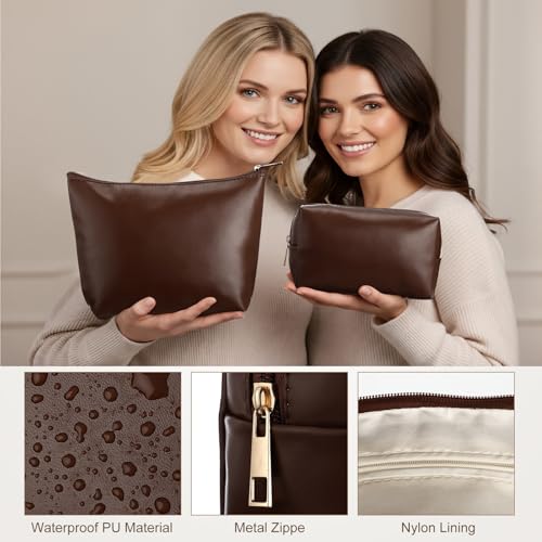 Kigeli 3 Piece Leather Makeup Bag Set Graduation Women Gifts PU Leather Makeup Toiletry Bag Bridesmaid Cosmetic Pouch Small Aesthetic Travel Purse for Wedding Birthday Women Gifts(Coffee) - color: Coffee
