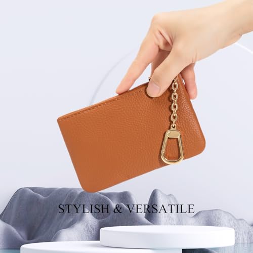 Full Grain Leather Coin Purse with Key Chain - Small Change Purse Keychain Card Holder Keychain Pouch Small Keychain Wallet for Women and Men (Brown, Large Size) - color: Brown, Large Size
