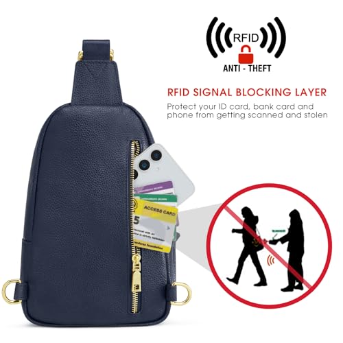 Kattee Sling Bag for Women, Leather Crossbody Bags for Travel, Blue | Top grain pebbled cowhide leather fanny pack crossbody purse. Small chest bag with RFID blocking for travel. - color: Blue