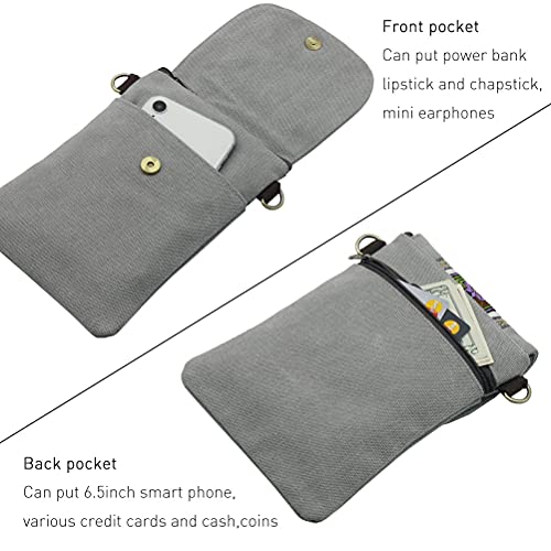 SILKAREA Vintage Embroidered Canvas Flip Small Crossbody Bag Cell Phone Pouch for Women Wristlet Wallet Bag Coin Purse - color: Light Grey