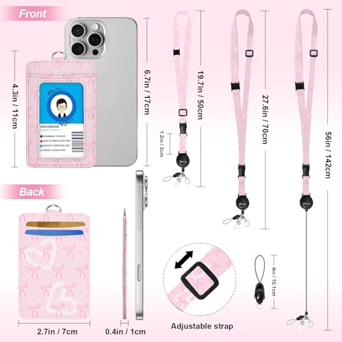 Cute Pink Bow Lanyards for Id Badges, Badge Holder with Retractable Reel Clip, Leather Work Name Tag Breakaway Lanyard Vertical ID Card Protector Case for Women Nurse Doctor Teacher Student - color: Cute Pink Bow