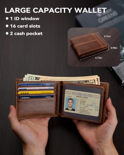 Swallowmall Wallet for Men RFID Blocking Genuine Leather Mens Wallets Bifold with 1 ID Window 15 Card Slots coffee brown - color: coffee brown