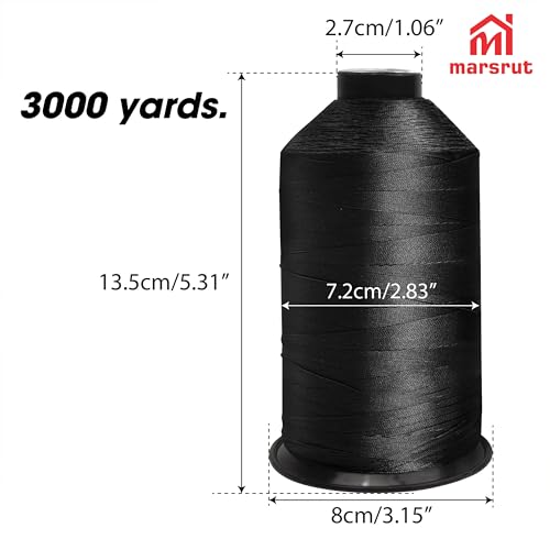 3000yds Bonded Nylon Thread Tex 70 Size 69, Heavy Duty Military Grade Super Extra Strong Spool for Hand Machine Sewing Upholstery Beading Canvas Denim Coat Shoes Leather Marine Jeans Outdoor, Black