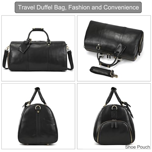 Genuine Leather Travel Bag for Men Large Capacity Luggage Duffel Bag with Shoe Compartment, Shoulder Handbag for Holiday Business Trip Outdoor - color: 52cm-Black