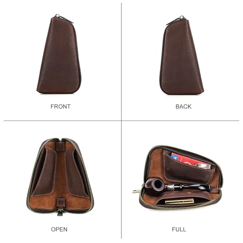 Hiram Handcrafted Pipe Tobacco Pouch, Full Grain Embossed Leather Smoking Pipe Storage Organizer Portable Accessories Tobacco Pouch and Lighter
