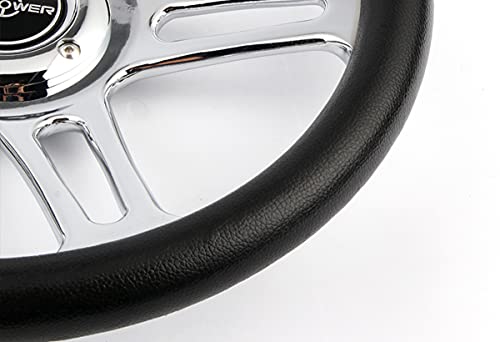 W-Power, 14" Universal 350mm 6 Bolt Hole Vintage Style with Aluminum Polished Special Black Leather Grip Steering Wheel, Black Horn Button, Chrome 4-Spoke