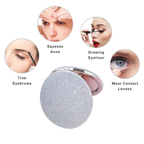 Silver Compact Mirror for Women,Magnifying Travel Mirror with Glitter,Double-Sided Small Pocket Mirror,Portable 2 x 1x Magnification Folding Makeup Mirror,Cosmetic Mirror for Gift - color: Silver-round