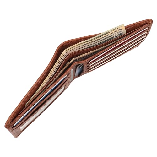 Genuine Leather Mens Bifold Wallet Slim RFID Blocking 5 Credit Card Slots 1 ID Window 2 Sections for Bills 2 Additional Slots | Tan - color: Tan, size: 5 Card + 1 ID