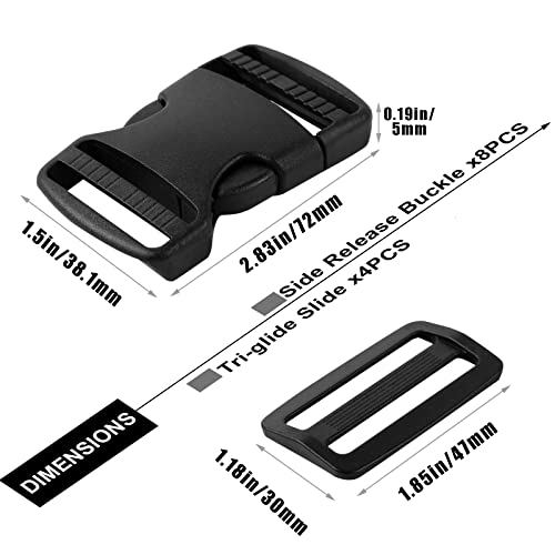 Buckles for Straps 1 1/2 inch:Side Release Buckle Plastic Clip 4 set + Tri-Glide Slide 8 pcs,Fit 1.5 inch Wide Nylon Strap Webbing Belt,Heavy Duty Dual Adjustable Plastic Buckle No Sewing… - color: 1 1/2" 4 Pcs Buckle Set