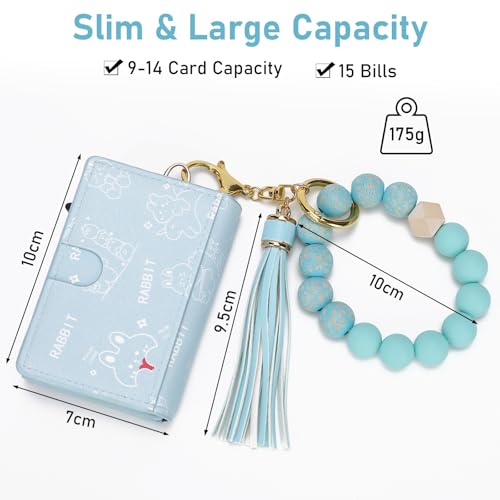 Wallet Women RFID Blocking Credit Card Holder Business Card Case Trifold Slim Wallet Wristlet with Key Chain PU Leather Holds 12 Cards Compact Small Coin Purse - color: Blue