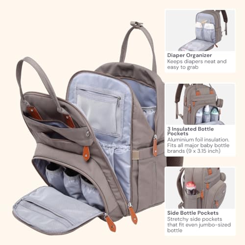 BabbleRoo Diaper Bag Backpack - Baby Essentials Travel Tote - Multi Function Water Resistant Diaper Bag, Travel Essentials Baby Bag with Changing Pad, Stroller Straps & Pacifier Case - Unisex, Khaki - color: Khaki, size: Large