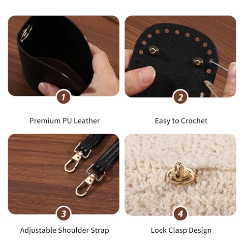 beinkmake PU Leather Purse Crochet Set, Black Oval Bag Bottom with Flap Cover and Adjustable Shoulder Strap, DIY PU Leather Bag Knitting Set for Handbag, Purse and Crossbody Bags Making - color: Black