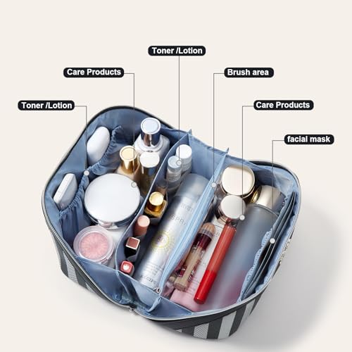 BOYATU Travel Makeup Bag for Women: 3 Pcs Set Striped Make up Bag,Black | Vegan Leather Cosmetic Bags with Compartments - Waterproof Large Capacity Toiletry Bags - 180° Open-Flat Makeup Organizer - color: A-4-Black
