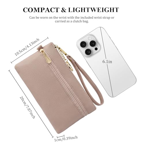 LJCZKA Leather Wristlet Wallet for Women Men Large Capacity Clutch Handbags Purses Long Cellphone Credit Card Holder Pocket Bag with Wrist Strap, Keychain (Nude) - color: Nude