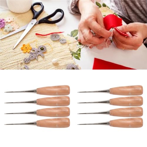 Leather Sewing awl, 8pcs Wooden Handle drillable Stitching awl, with ergonomically Designed Handle, for Punching scribing and Marking on Leather Cloth Wood Plastic