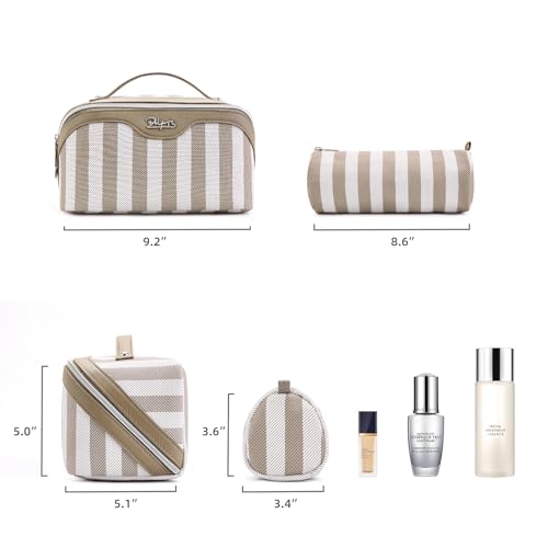 BOYATU Travel Makeup Bag for Women: 3 Pcs Set Striped Make up Bag,Apricot | Vegan Leather Cosmetic Bags with Compartments - Waterproof Large Capacity Toiletry Bags - 180° Open-Flat Makeup Organizer - color: A-6-Apricot