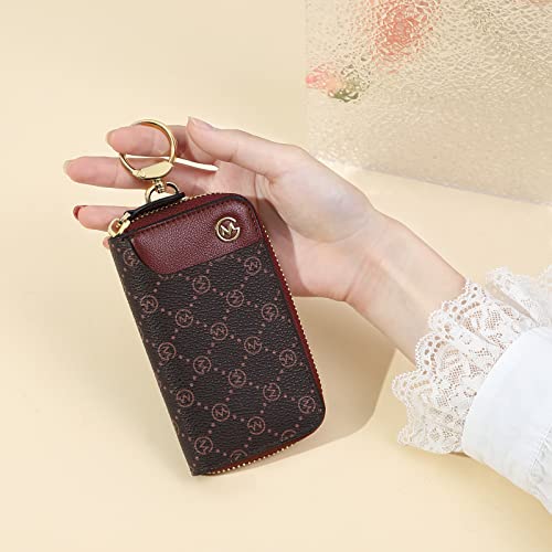 GOLF SUPAGS Women PVC Leather Car Key Chain Card Holder Wallet Pouch 6 Hook Snap Closure keys Money Organizer Case | Card Holder - color: Brown×Wine, Large