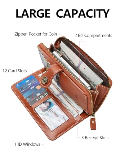 TFKGS Wallet for Women RFID Blocking Leather Large Capacity Card Holder Ladies Phone Clutch Travel Long Purse Wristlet | RFID Blocking - color: 2-Upgrade-Wax-Brown