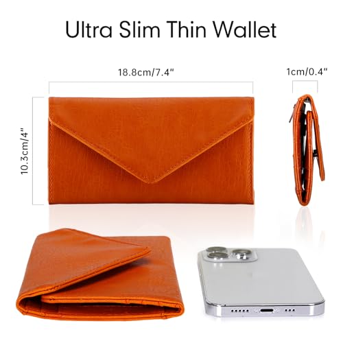RFID Slim Wallet for Women Thin Card Holder Travel Trifold Clutch Ladies Long Billfold, 2 ID Windows, Orange - color: Orange