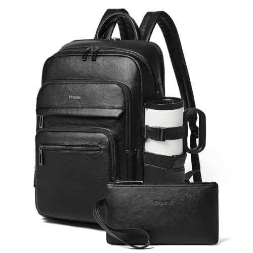Leather Laptop Backpack for Women Fits 17" Laptop, with RFID Wristlet Purse - color: Black
